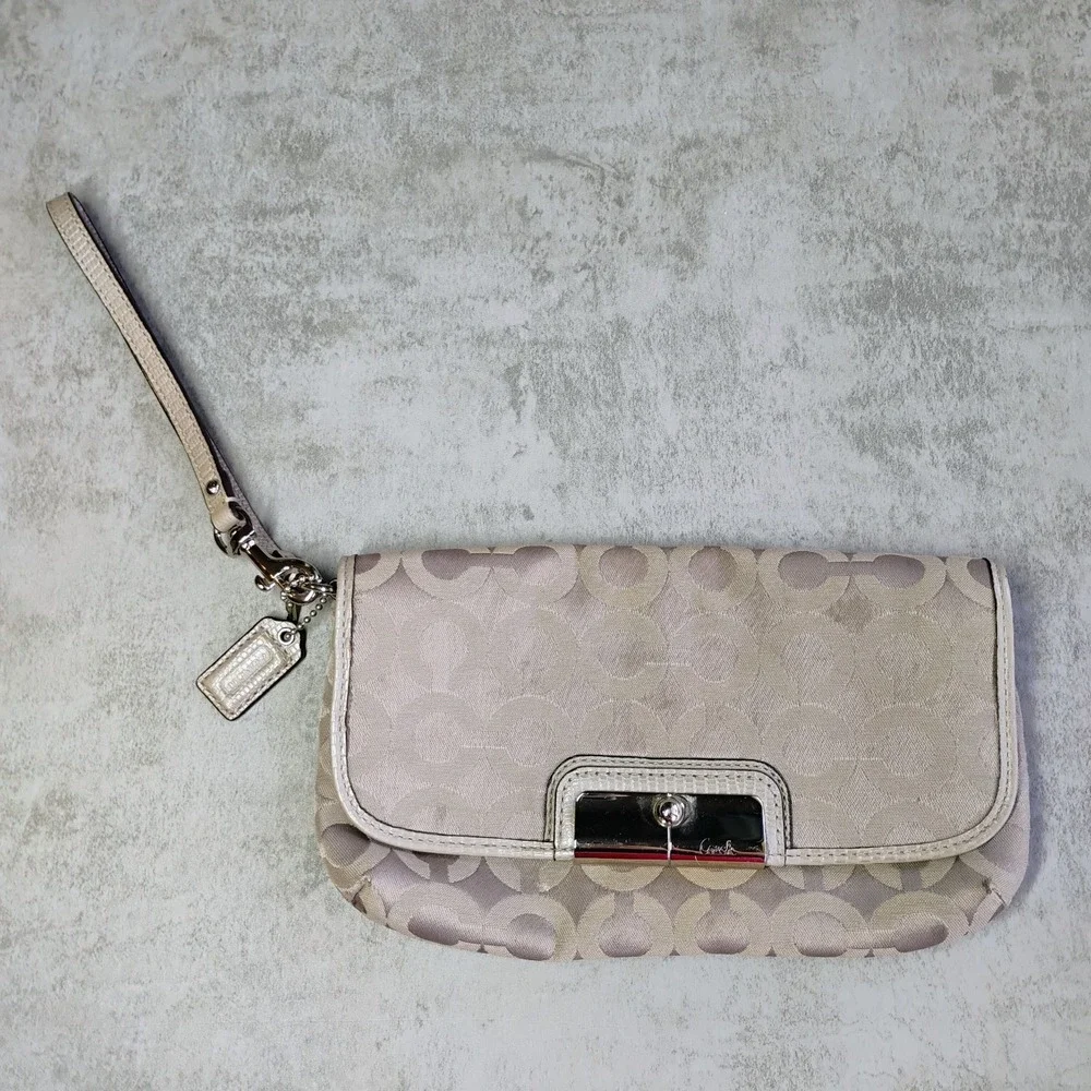 Coach Wristlet Kristin Beige Signature Canvas Beige Leather Trim Small Bag